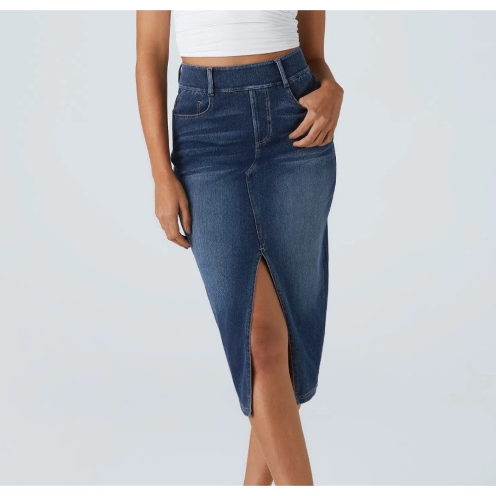 Halara Flex High Waisted Pockets Bodycon Washed Denim Midi Skirt Blue Small